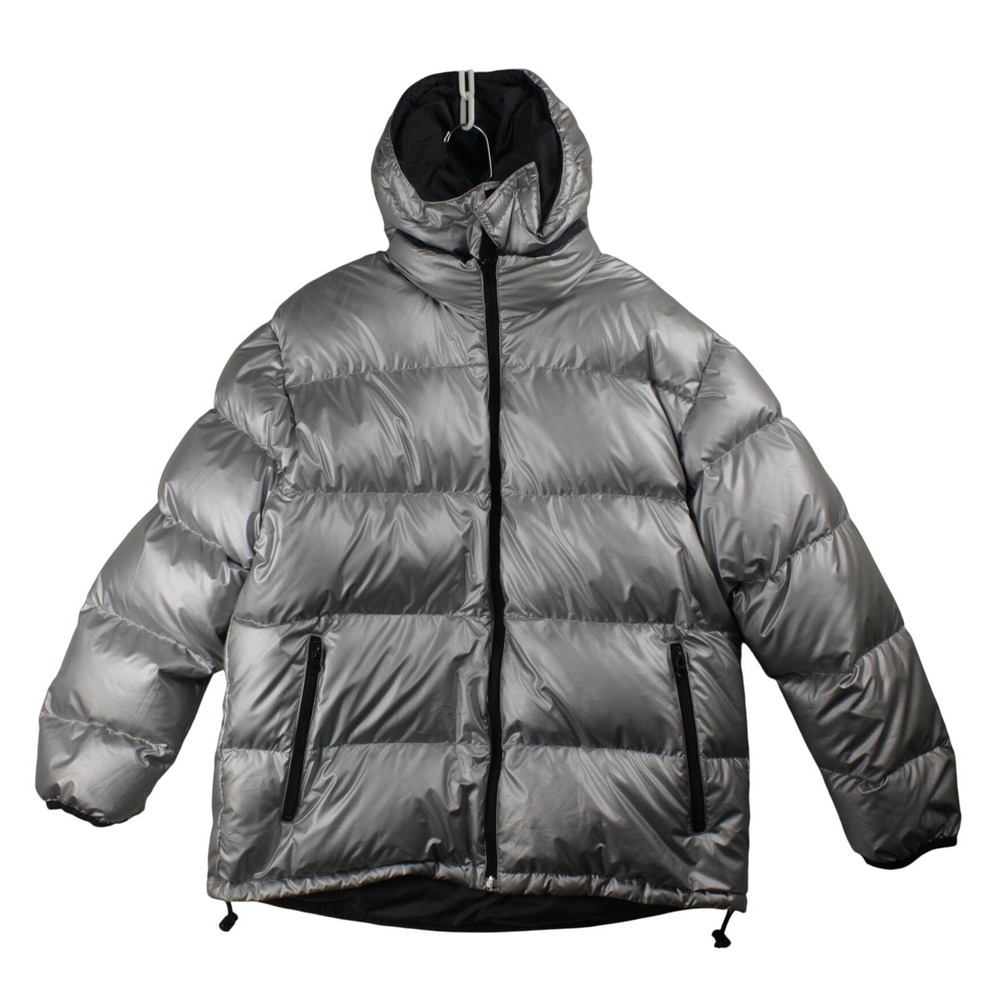 Vintage Lands End Goose Down Puffer Jacket Mens L Silver Metallic Y2K Hooded